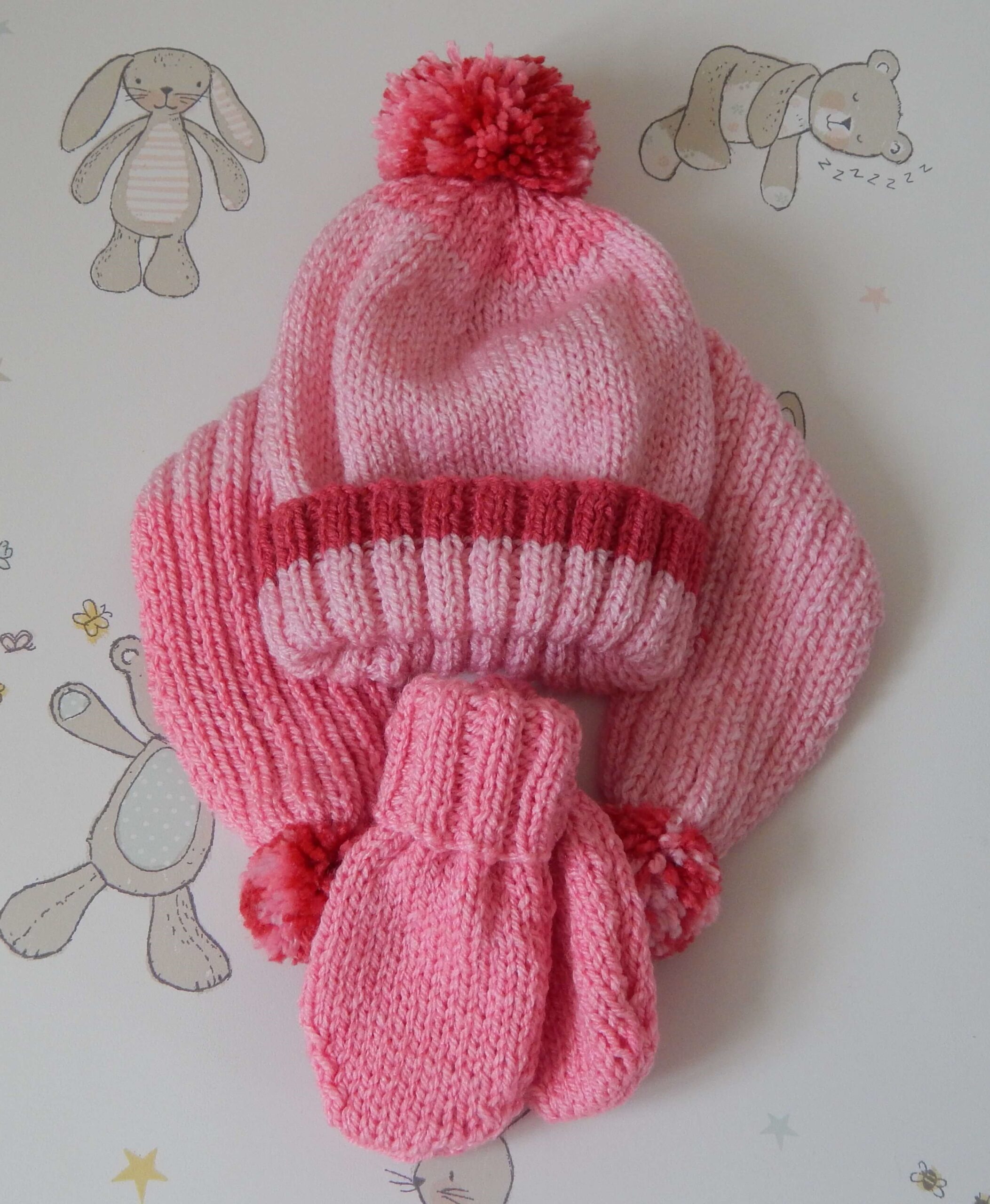 baby hat scarf and mitts in pink gradual 1 hat scarf & mitts pink 0-6m