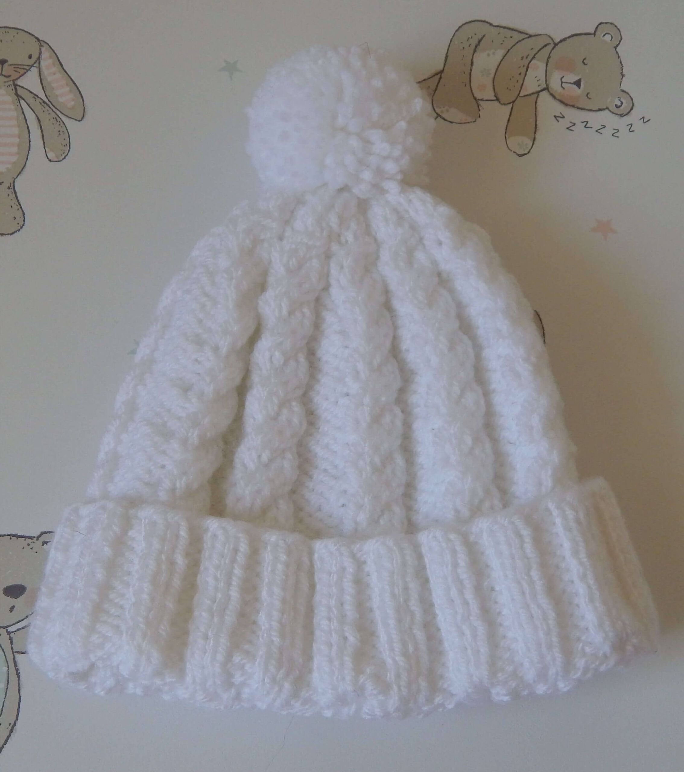 baby hat white cable turnback baby's bobble hat/pompom hat in white