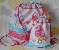 pink birds bag set with fuschia cord