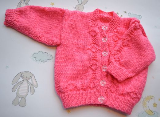 B296 baby cardigan deep pink diamond front