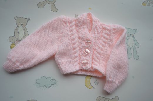 B335 baby cardigan pink cable v neck fancy neck rib