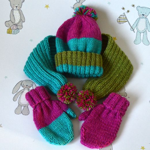 B238 Baby hat scarf & mitts fuschia lime green