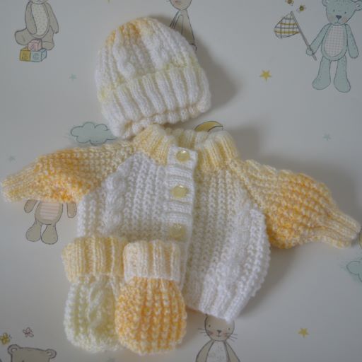 B108 Baby prem cardigan hat & mitts lemon gradual