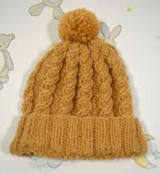 K095 kids hat cable tback pompom light brown